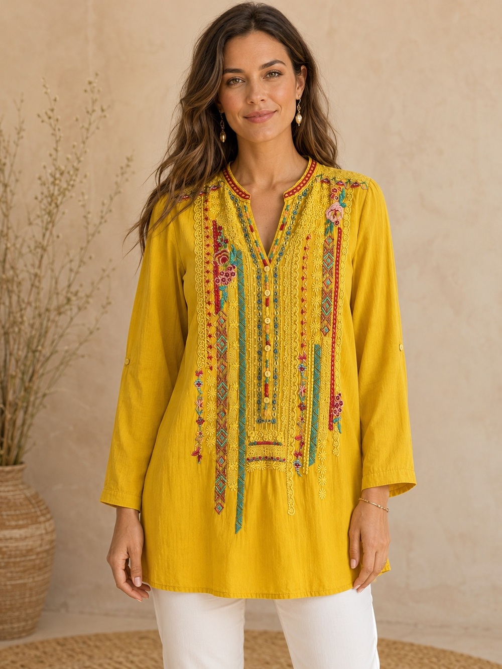 Johnny Was Yellow Embroidered V-Neck Tunic